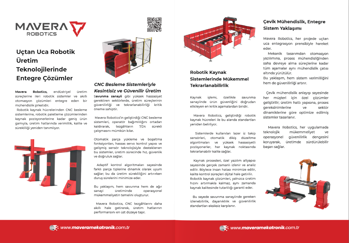 Defenshere Dergi  || Mavera Mekatronik Robot Otomasyon Sistemleri Makine Mavera Mekatronik Robot Otomasyon Sistemleri Robot Otomasyon Sistemleri Sektörel Çözümler, MIG/MAG Gazaltı Kaynak Robotları, Paketleme ve Paletleme Robotları, Pres Besleme Robotları, Taşlama ve Polisaj Robotları, Frezeleme Robotları, Tezgah ve Cnc Besleme Robotları, Proses Otomosyonu, Makine Otomasyonu, Özel Otomasyon Çözümleri, Plc, Scada Ve Hmı Yazılımları, Motion Kontrol Uygulamarı, Görüntü İşleme Uygulamaları, Pano Tasarımı ve İmalatı, Endüstriyel Kontrol Sistemleri, Endüstriyel Robot Sistemleri, Kaynak Robot Sistemleri, İşbirlikçi Robot Sistemleri, Otomasyon Sistemleri, Anahtar Teslim Robot Proje Hizmeti, Robot Benzetim ve Doğrulama Hizmeti, Robot Proje ve Üretim Geliştirme Hizmeti, Robot Teknik Servis ve Bakım Hizmeti, Robot Teslim Sonrası Hizmeti